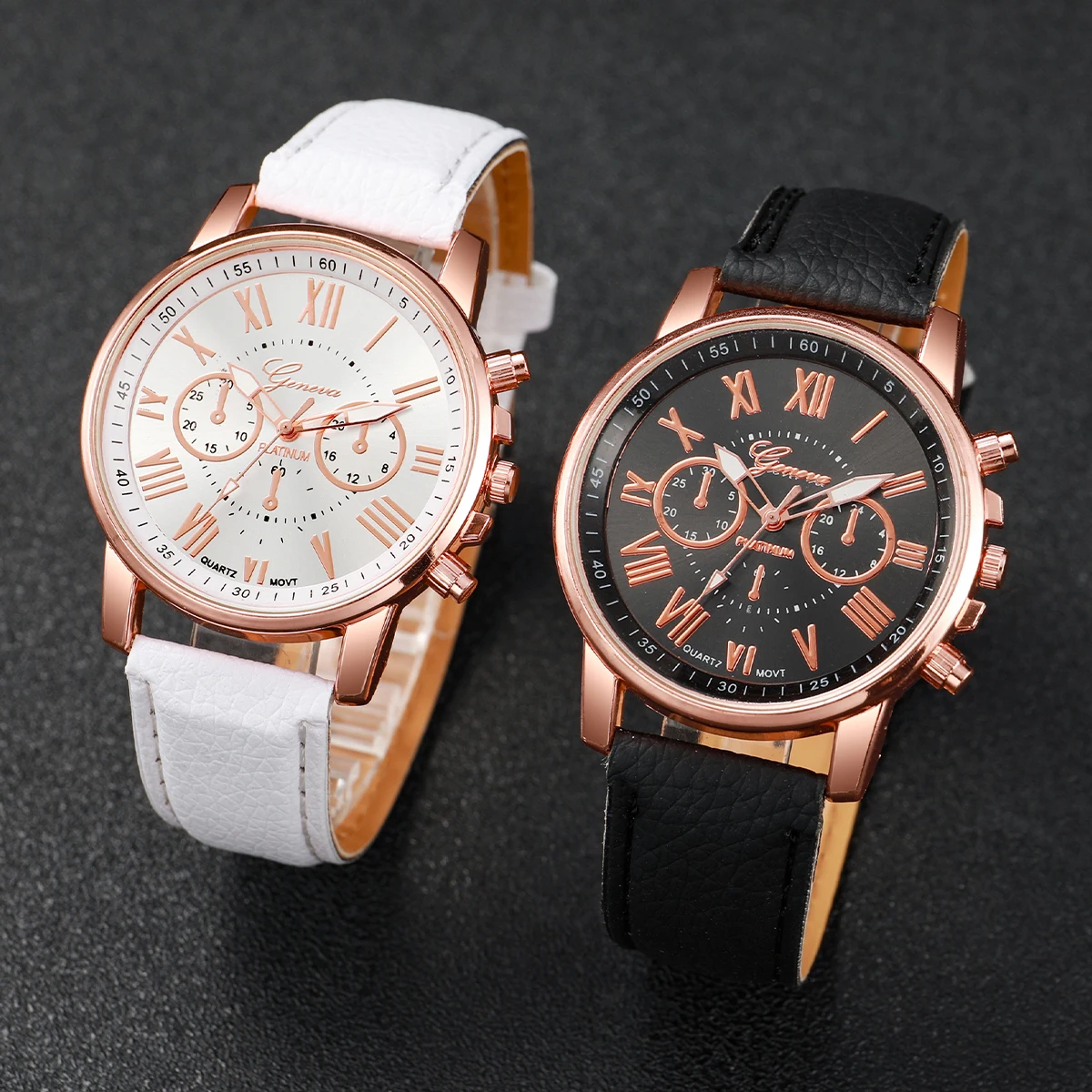 4PCS/Set Fashion Women's Watch Roman Dial Couple Simple Leather Strap Quartz Watch with Crown Bracelet Set