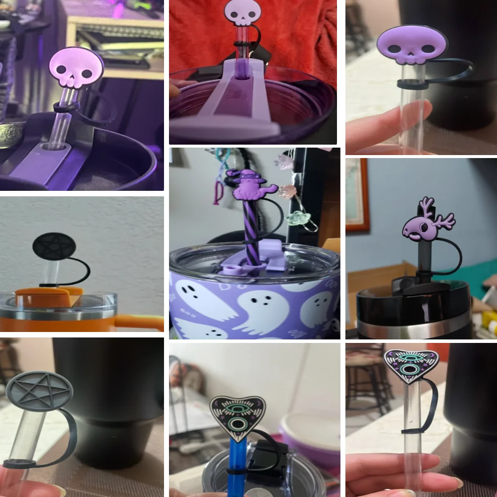 Description Picture 2 of item1-12PCS Silicone Magic Purple Straw Toppers for Cup,Witches Cat Moon Skull 10mm Straw Covers Cap Dustproof Drinkware Tips Party