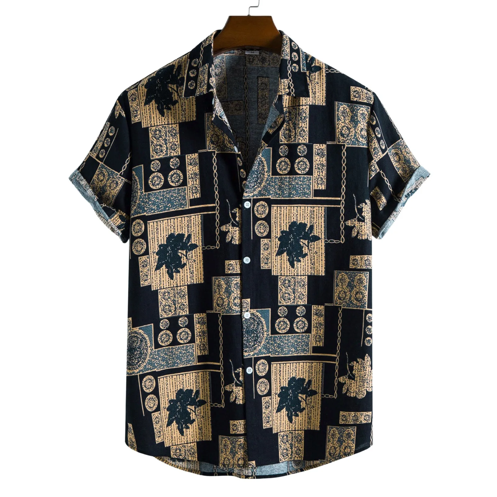 Men Ethnic Style Print Shirt Short Sleeve Turn Down Collar Button Shirts Summer Vintage Loose Hawaii Beach Single Breasted Shirt