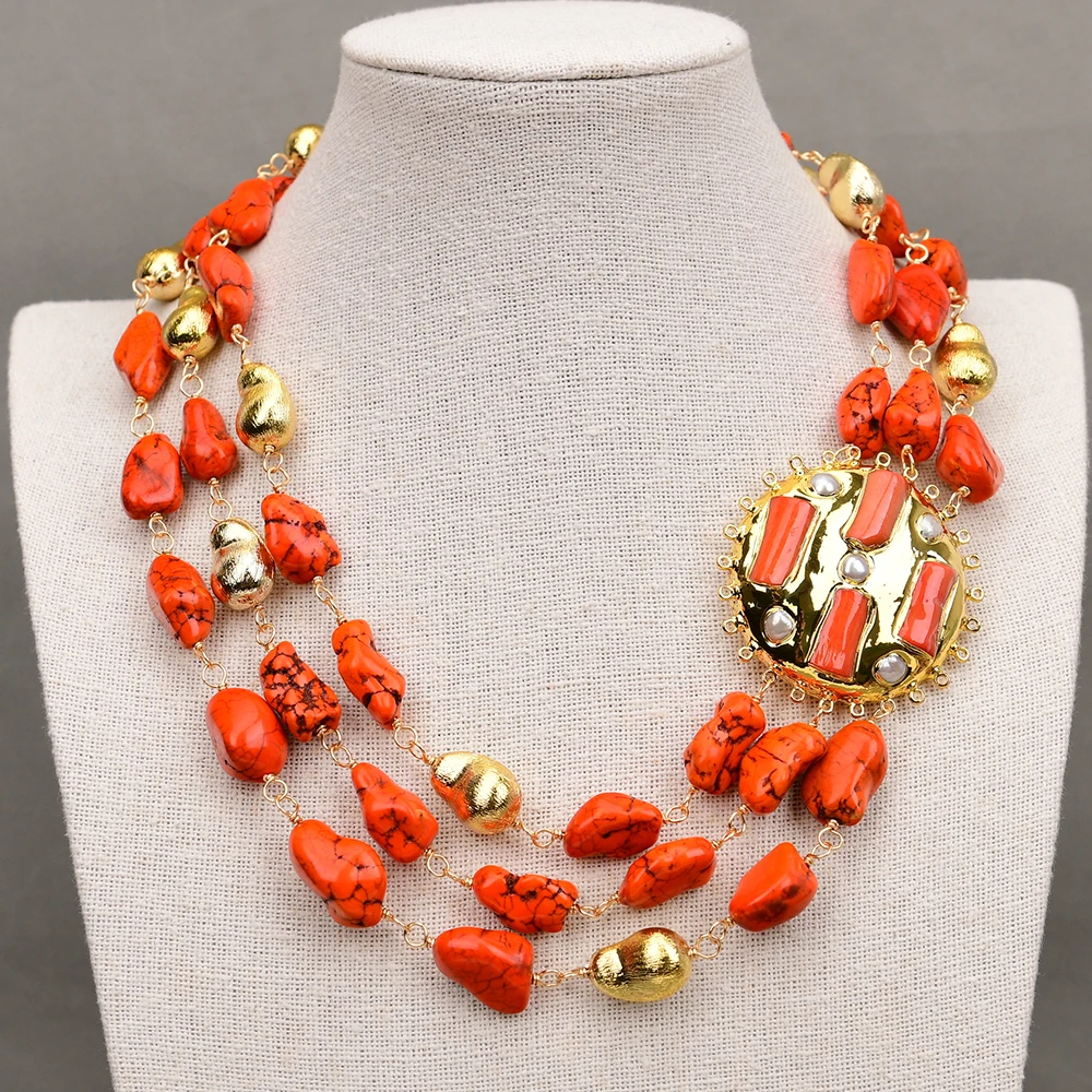 

G-G 3 Rows Orange Turquoise Freedom Nugget Gold Plated Brushed Bead Necklace Coral White Pearl Flower Gold Edge Pendant