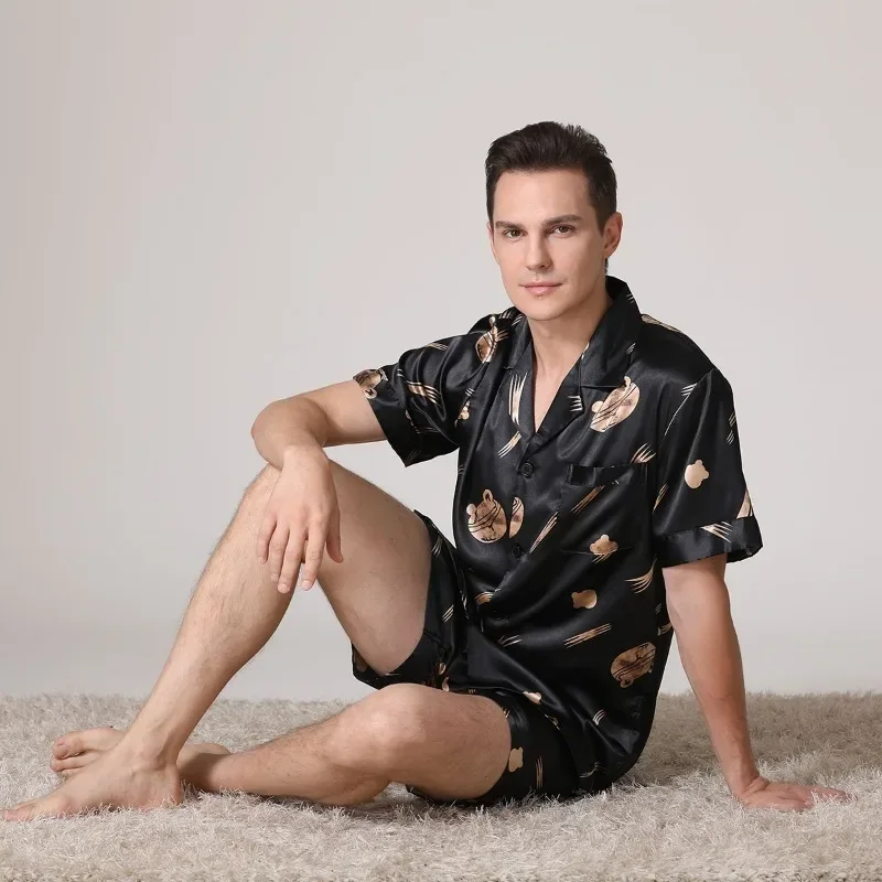 European Size Men's Large Size Loose Loungewear Summer Men's Breathable Thin Short-sleeved Shorts Ice Silk Pajamas Set
