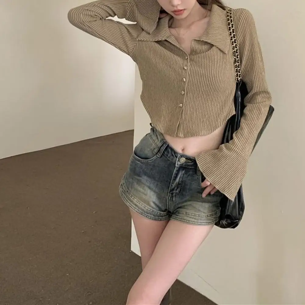 

Женская однобортная блузка в полоску, блузка с асимметричным отворотом и длинными рукавами-фонариками, свободного кроя