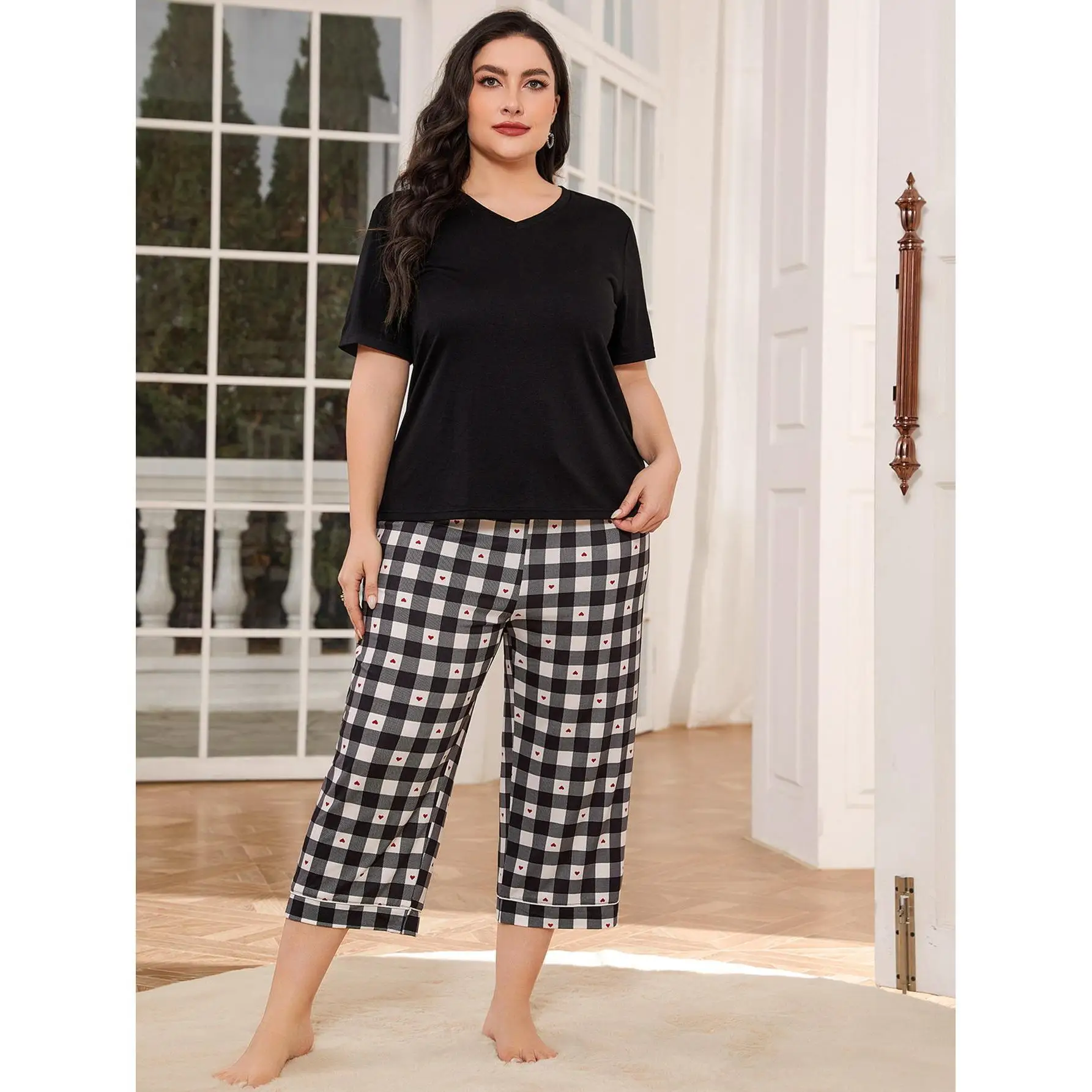 Home Service Suit Spring and Autumn 200 Catties Short-sleeved Trousers 5XL Plus Fat Plus Size Pajamas Women