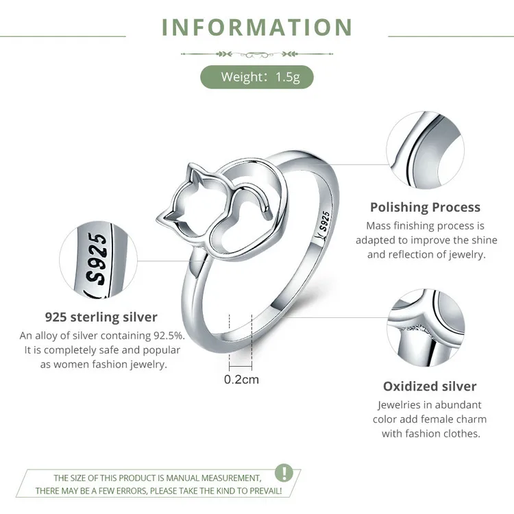 Sterling Silver Cute Little Cat & Heart Finger Ring for Women - PeticaDeals