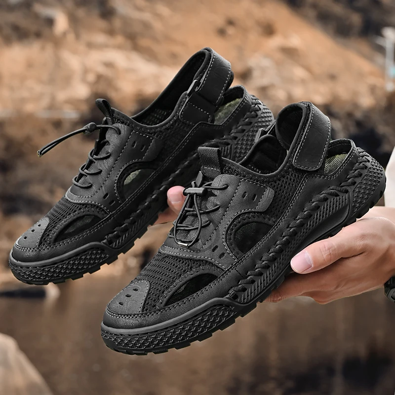 New 2024 Fashion Mesh Patchwork Men Sandals Hollow-Out Breathable Summer Shoes Men Outdoor Beach Sandals Casual Footwear