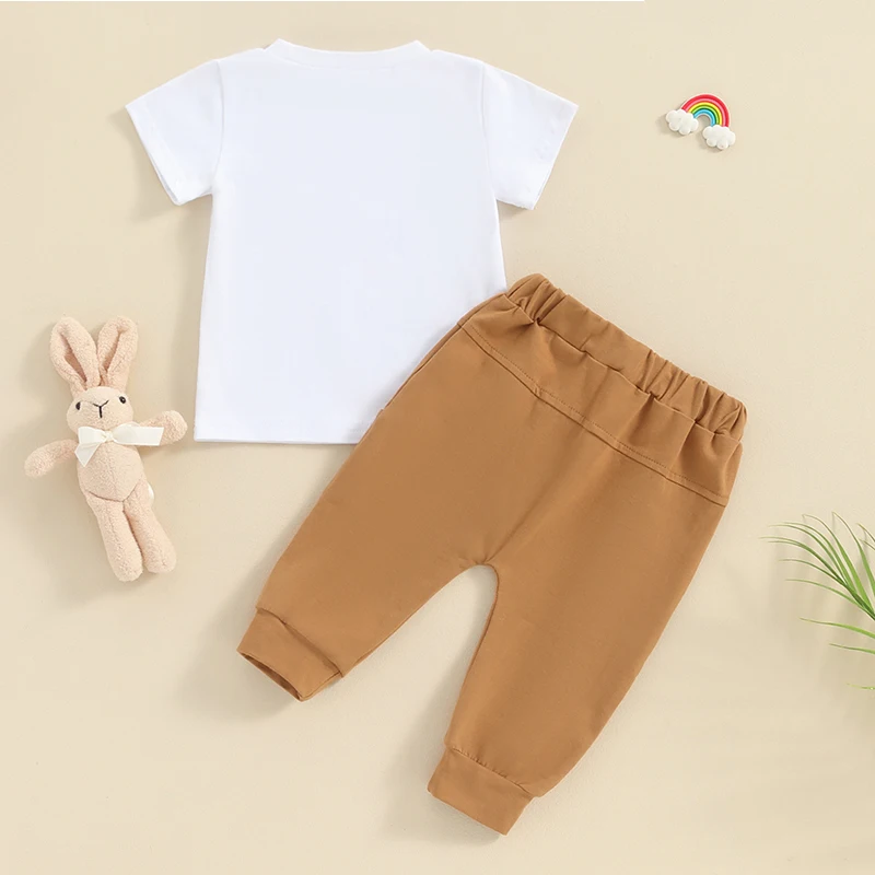 

Toddler Baby Boy Easter Clothes Bunny Letter Print Short Sleeve T Shirt Tops and Jogger Pants Infant Boy Outfit