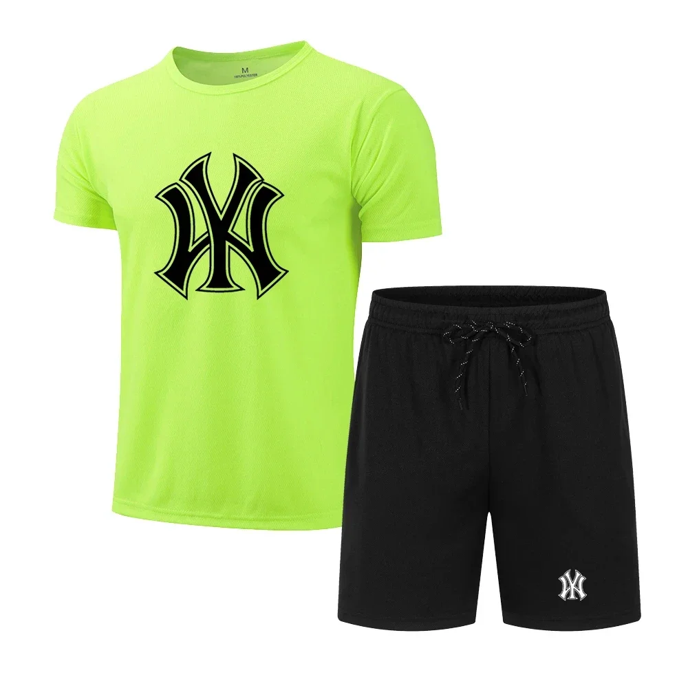 New summer men's crewneck printed T-shirt + shorts two-piece short-sleeved tracksuit quick-dry jogging fitness suit