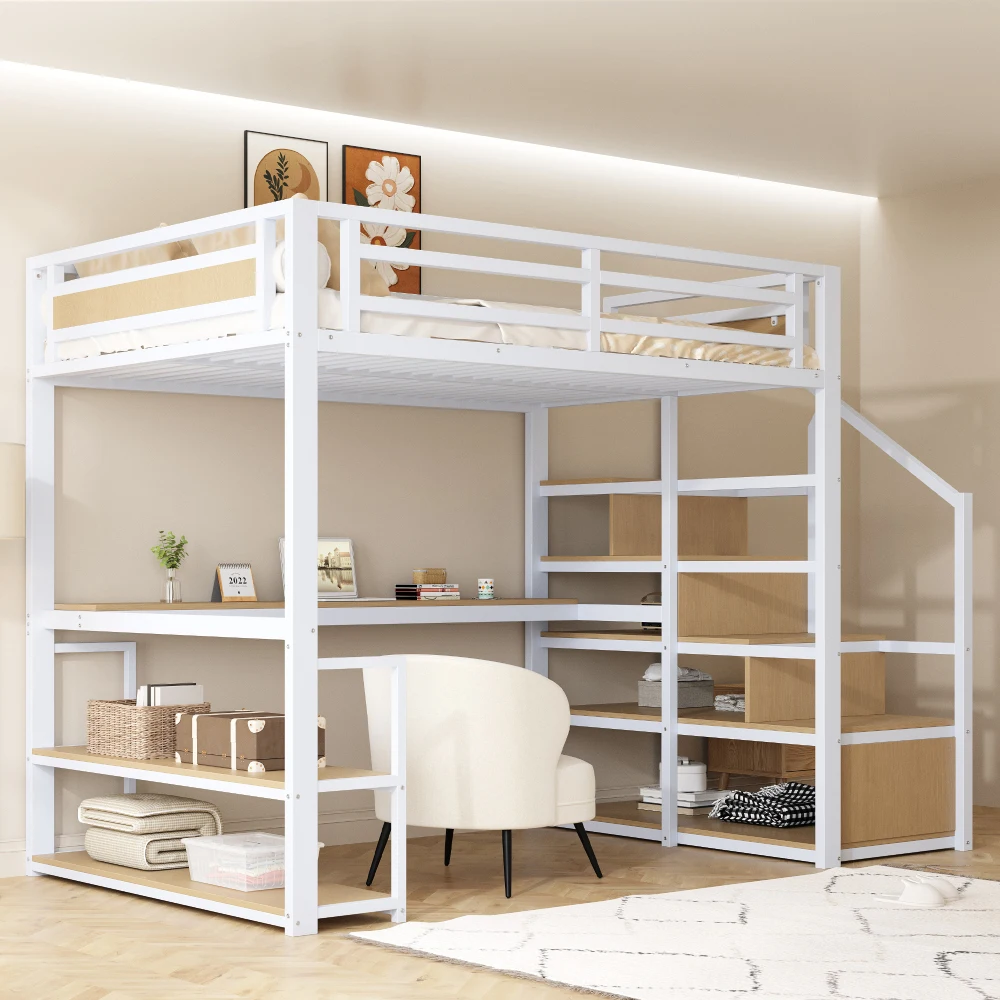 140x200 Metall-Hochbett mit Stauraum, Leiter, Regalen und Tisch, Sicherheitsgeländer-Design mit Geteilten Metallregalen, Eisenrahmen-Bett – Detail 16