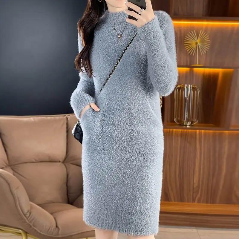

Женское бархатное платье-свитер из искусственной норки, Свободный пуловер с длинным рукавом, женская трикотажная рубашка на осень и зиму, R12