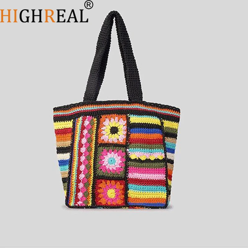 

Bohemian Colorful Flower Knitted Tote Bag Crochet Women Shoulder Bags Casual Handmade Woven Big Shopper Purses Cute Handbags