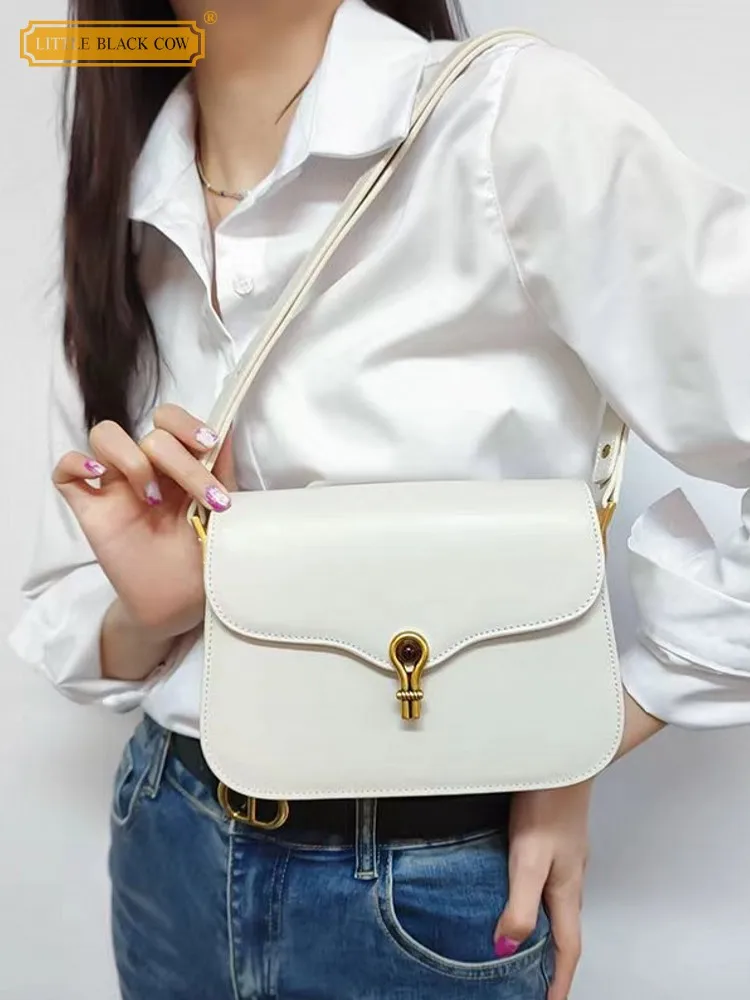 

Elegant Ladies Flap Shoulder Bags Women Fashion Hasp Cow Split Leather Underarm Bag Office Work Strap Crossbody Bags Black Beige