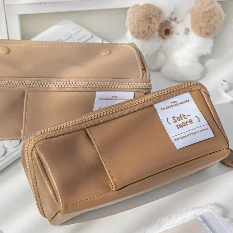 1 Piece Coffee Color Series Pencil Case Simplicity Fashion High Capacity Stationery Pencil Bag Waterproof PU Leather Bag