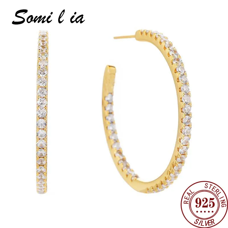 

SOMILIA -925 Sterling Silver New Fashion Hoop Earrings diamond Earring For Women 25-60MM Party Fine Ladys Jewelry Cерьги Kольца