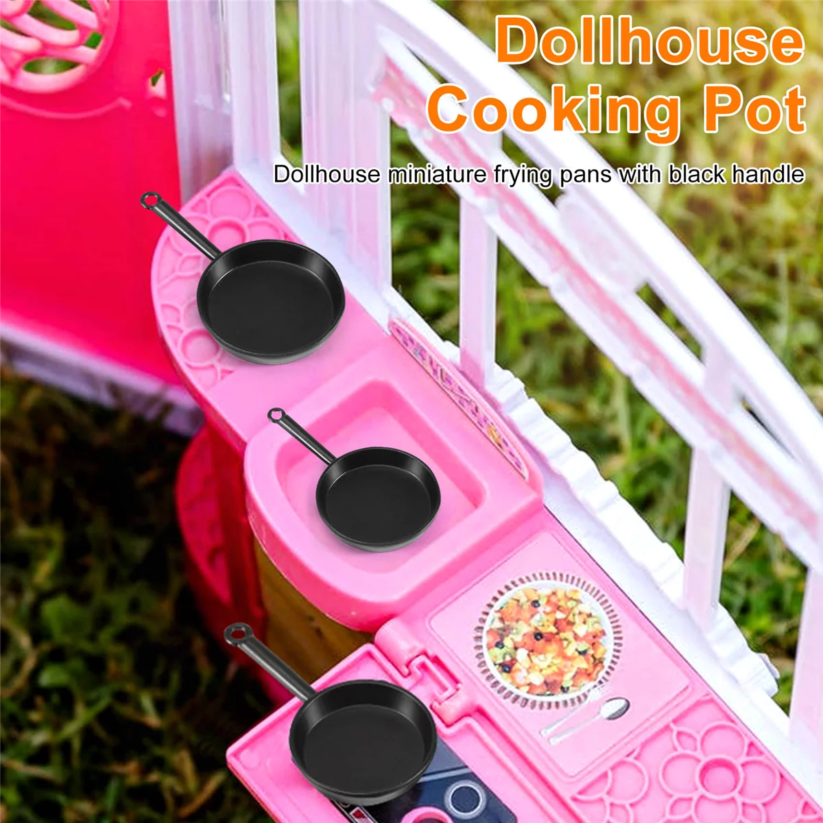 1/12 Scale 3pcs Dollhouse Miniature Metal Frying Pans Cooking Pot Cookware Kitchen Accessory Black 4