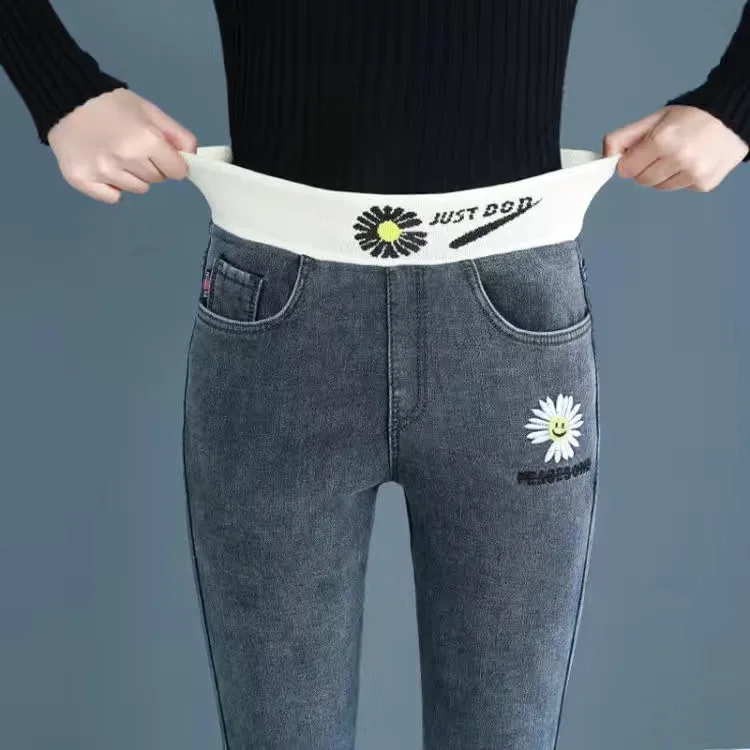

Plus Size Flower Embroidery Stretch Pencil Pants Women Slinny Denim Trousers Korean Style Slim Elastic High Waist Jeans Female