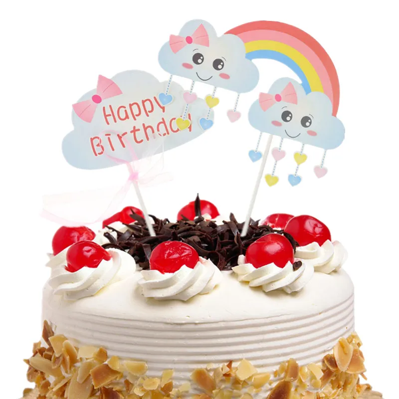 Alminionary Decorazione per torta con motivo arcobaleno, con scritta Happy Birthday, con sondaggi in legno e un set di candele arcobaleno, preassemblate e riutilizzabili per decorazioni per feste