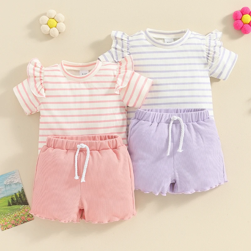 

Little Girl 2 Piece Summer Set Round Neck Short Sleeve Striped Tops + Elastic Waist Wave Hem Shorts Infant Toddler Outfits