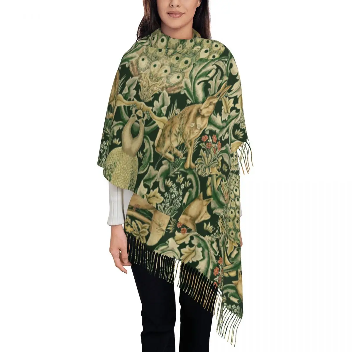 

Luxury Peacocks And Fox By William Morris Tassel Scarf Winter Fall Warm Shawl Wrap Ladies Forest Animals Textile Pattern Scarves
