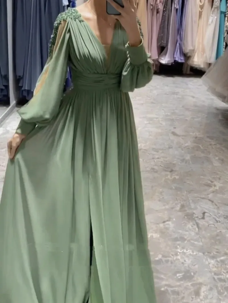 Green Chiffon A-Line Prom Dresses V-Neck Long Puffy Sleeves Beaded Evening Gown for Wedding Side Slit Celebrity Party Gown