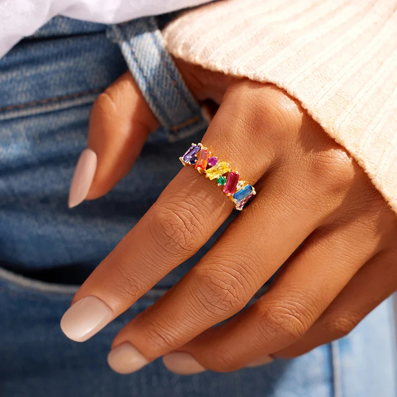 Huitan Irregualr Design Colorful CZ Women Rings Gold Color/Silver Color Geometric CZ Rainbow Rings Luxury Trendy Jewelry