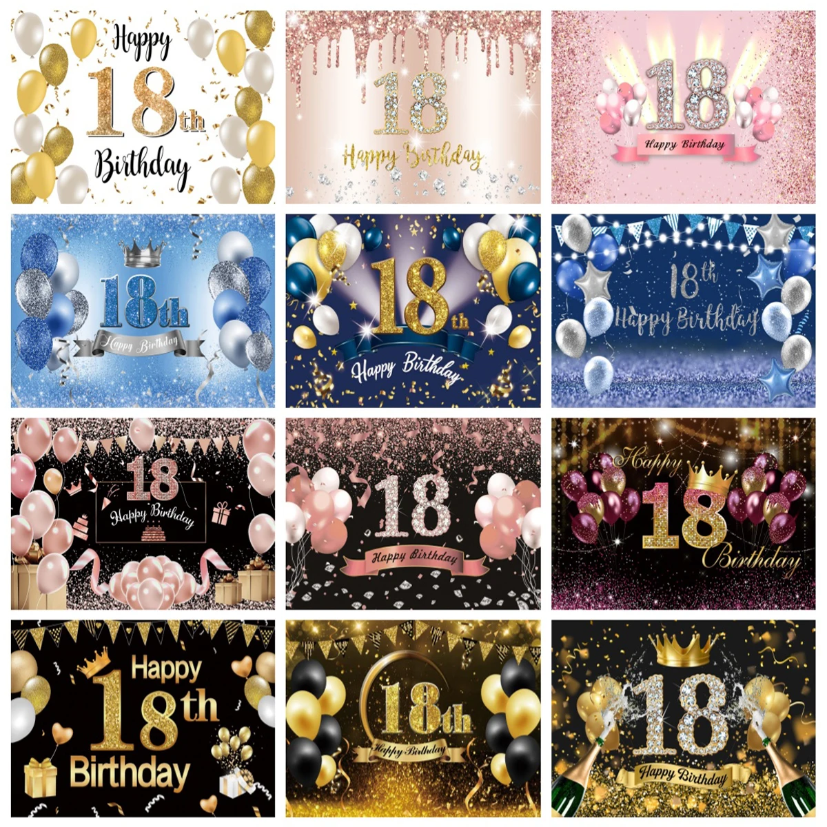 18th Birthday Decorations Backdrop Black Golden Glitter Balloons Boys Girls 18 Years Old Party Photography Background