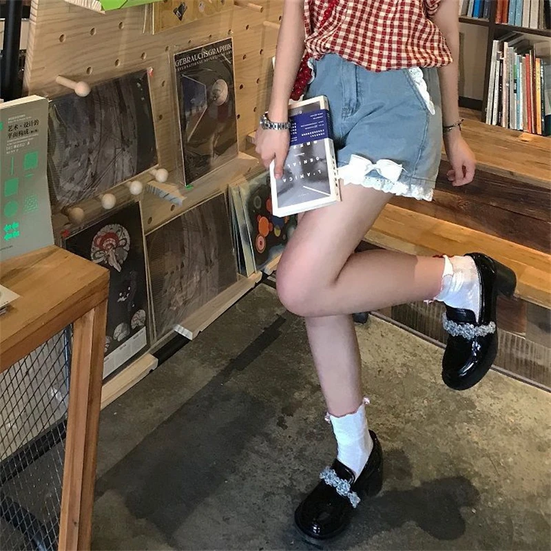 Summer Women's Cute Bow Tie Lace Denim Shorts Sweet Girl Street High Waist Trousers Female Fashion Wide Leg Straight Mini Pants