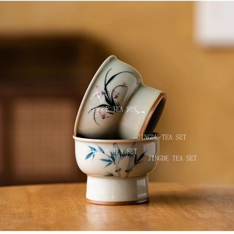 Grass and Ash Hand-painted Orchid Ceramic High Footed Master Cup Single Kung Fu Tea Set Tea Tasting Cup High Footed Tea Cup