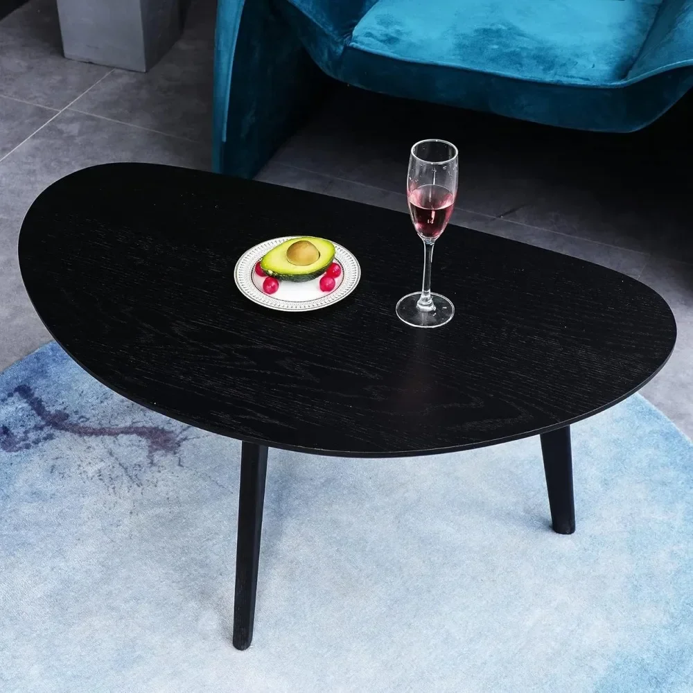 Small Black Oval Coffee Table for Small Space , Simple Modern Center Table with OAK Wood Legs-Black-18.9" D x 33.47" W