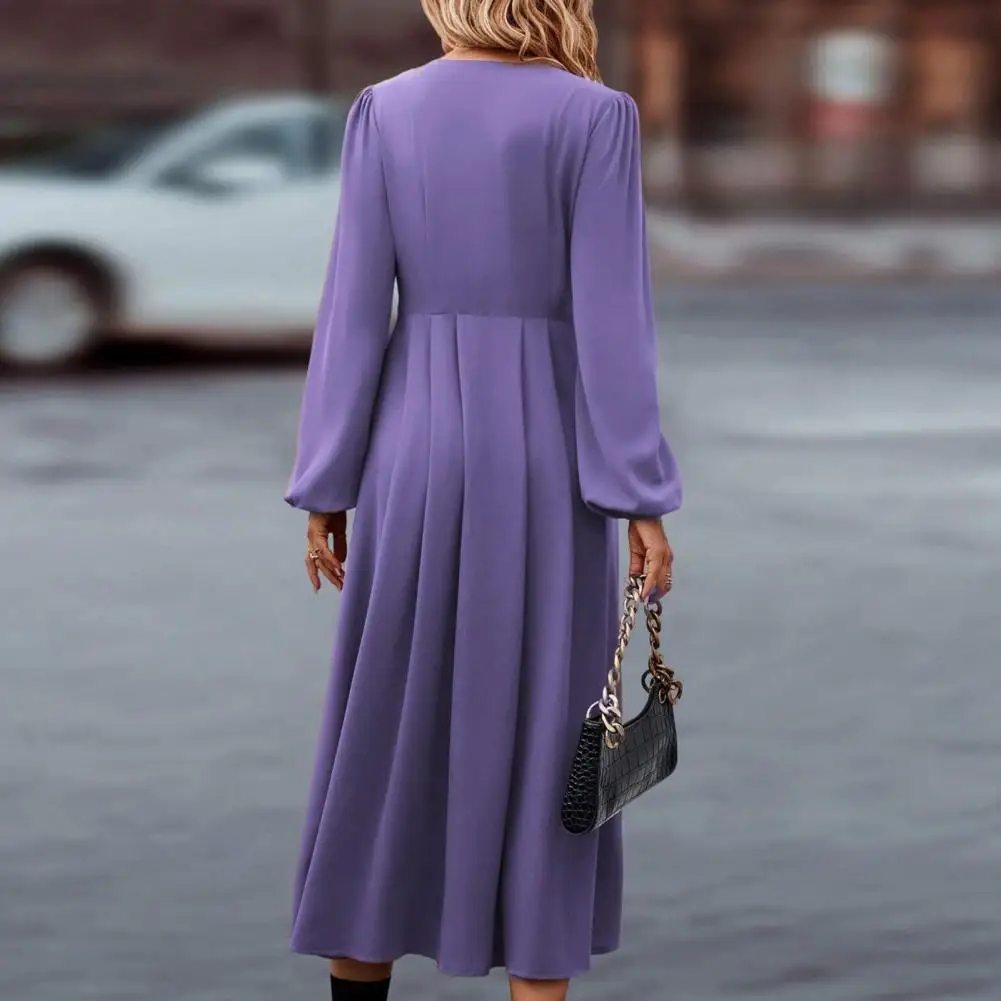 

Women V-neck Dress Elegant V Neck A-line Midi Dress with Long Sleeve Button Detail for Women Fall Spring Solid Color Loose Hem