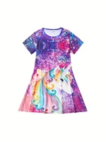 Girls Starry Unicorn Digital Print Round Neck Short Sleeve Party Casual Dress 3