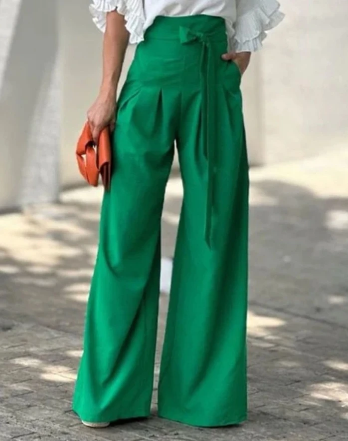 Green Womens Pants 2024 Solid Color Ol Work Long Pants Pocket Loose Trousers All-Match Tied Detail High Waist Wide Leg Pants