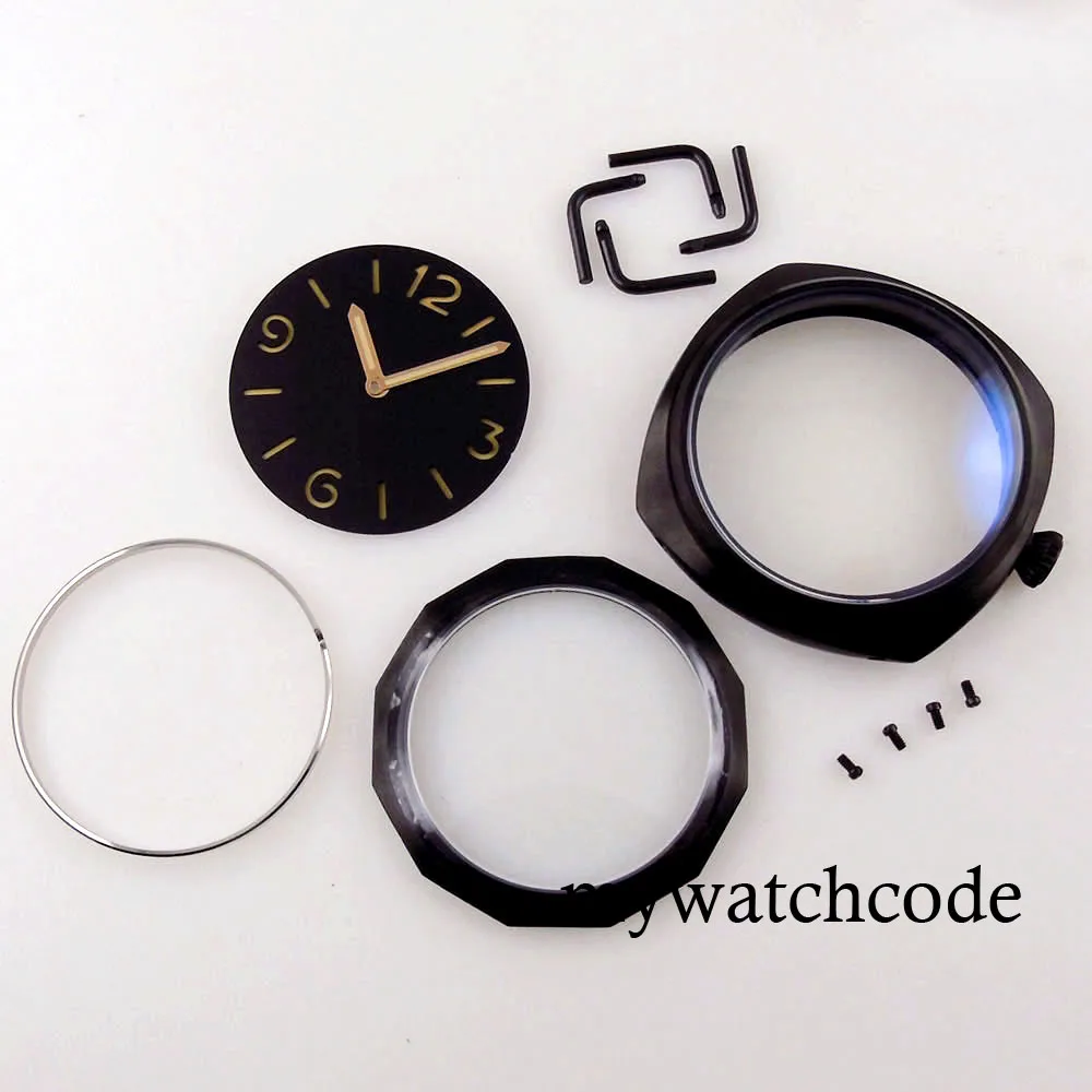 

Black PVD 47mm Watch Case Sandwich Dial Hands Set Fit ETA 6497 6498 ST3600 3620 Hand Winding Movement See-through Caseback