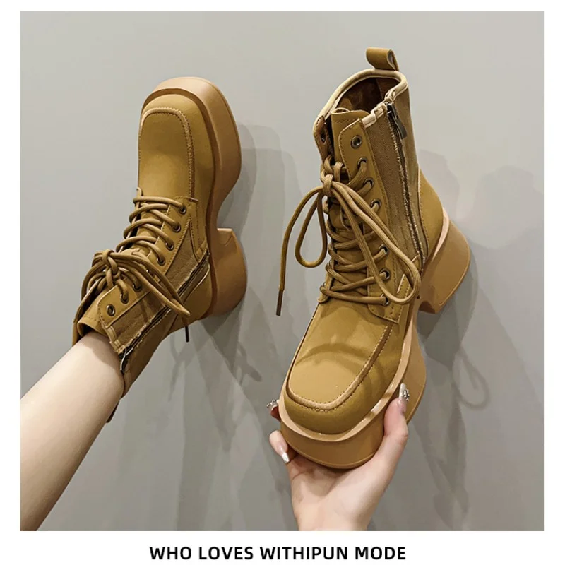 

Y2k Chunky Heel Boot Women Genuine Leather Breathable Riding Boots for Woman High Top Sneakers Height Increasing 6cm