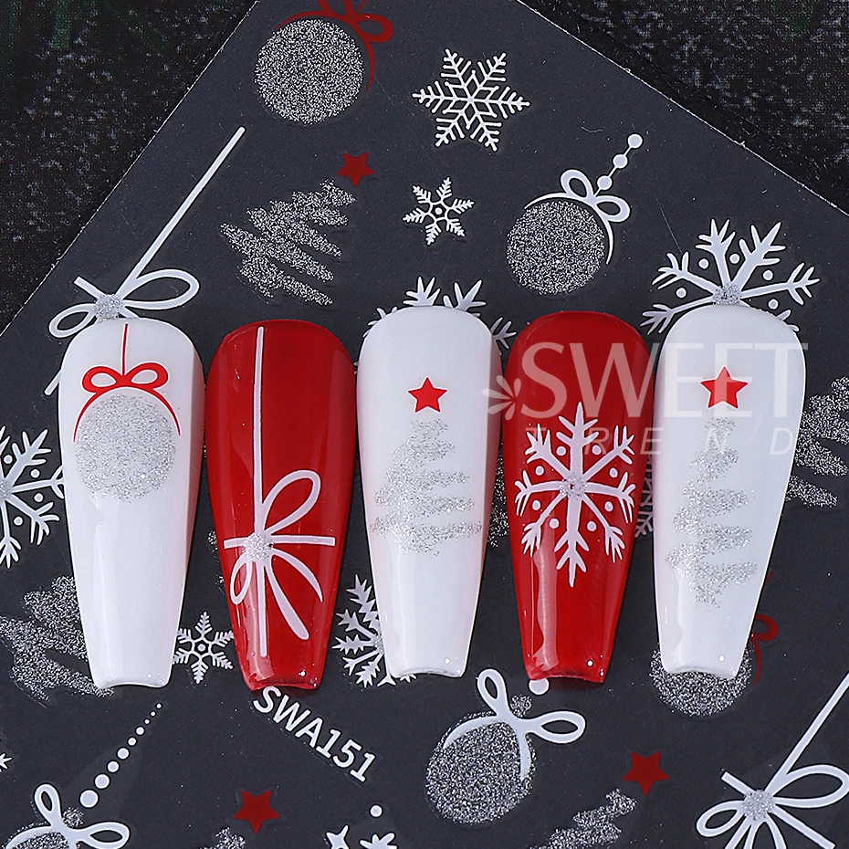 2pcs Flash Silver Christmas Nail Art Stickers Xmas Tree Lamp Ball Lace Snowflake Adhesive Nail Decals DIY Manicure Decoration