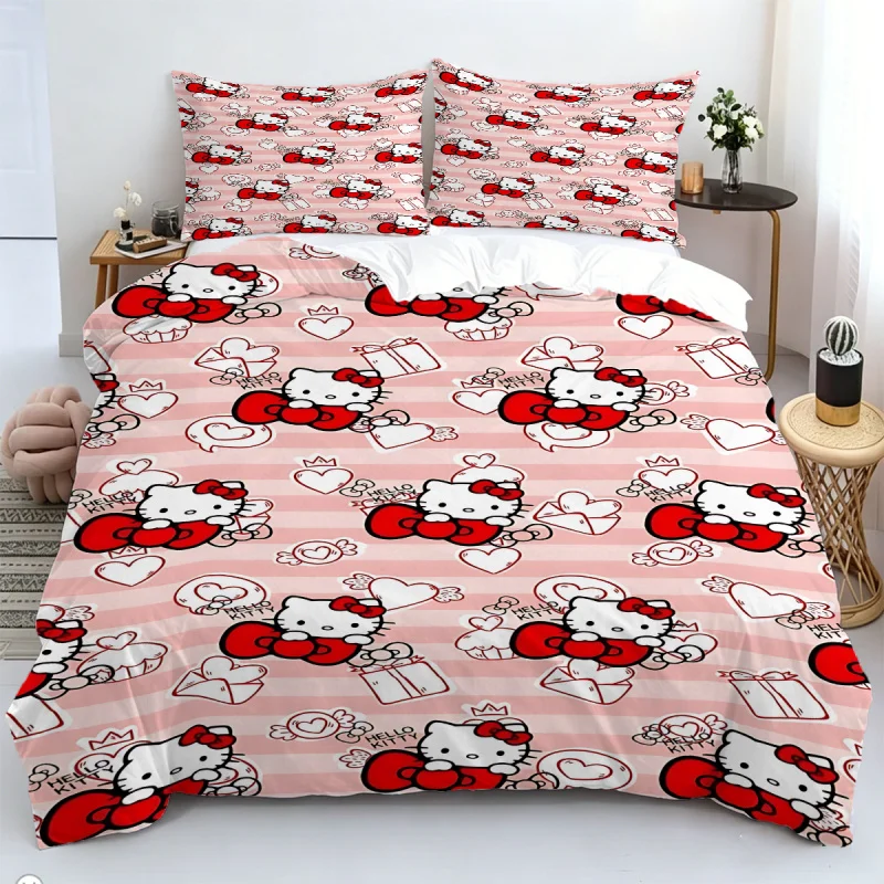 Sanrio Hello Kitty Leopard Print Bedding Set 3pcs King Size Duvet Cover Set Cartoon Cute Bed Linen for Kids Girls Bedroom Decor 2