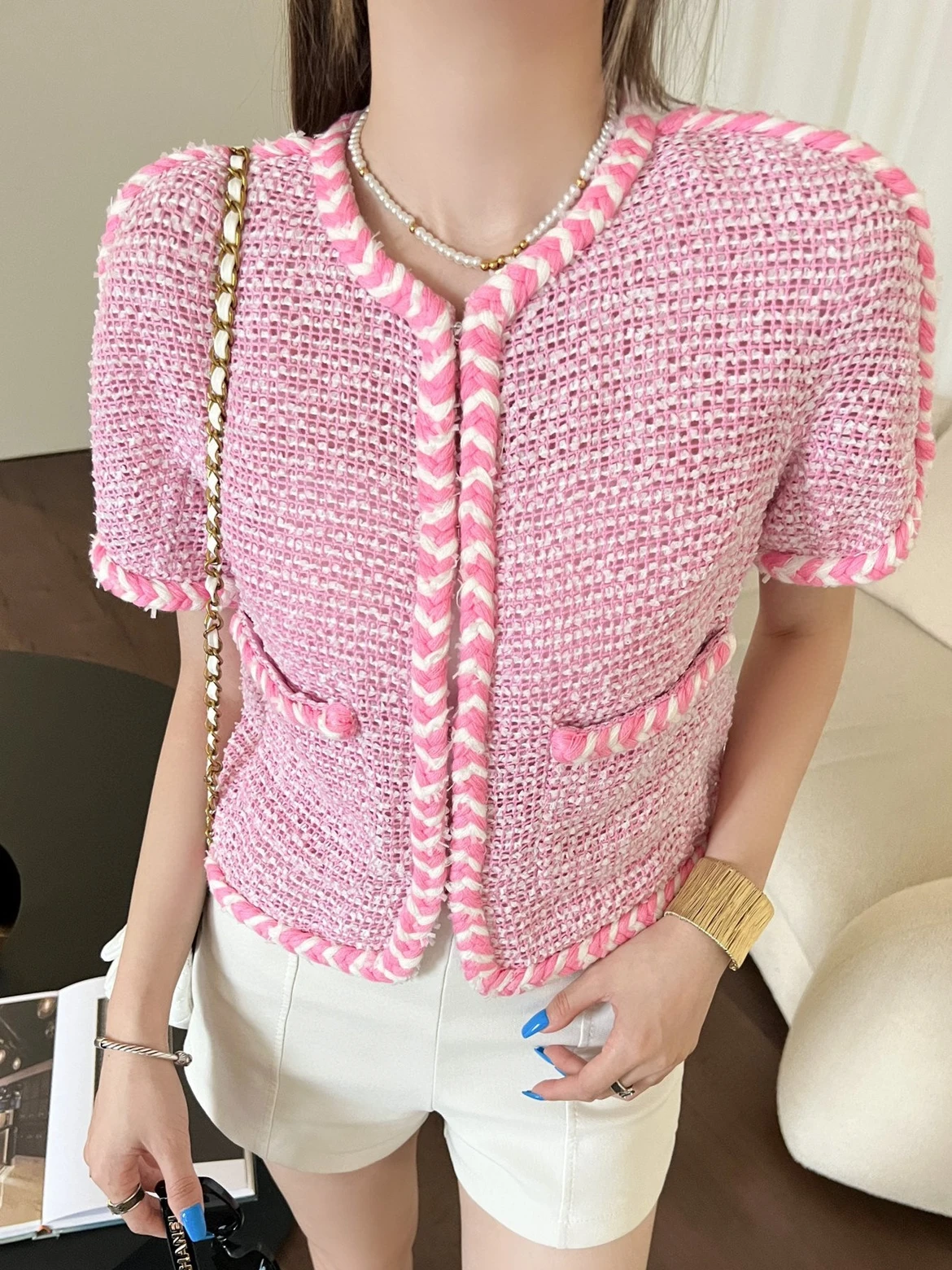 

2023 New Vintage Short Sleeve Weavel Jackets Women Tops Elegant Casaco Coat Female Pink Single Breasted Pocket Jacket Abrigos