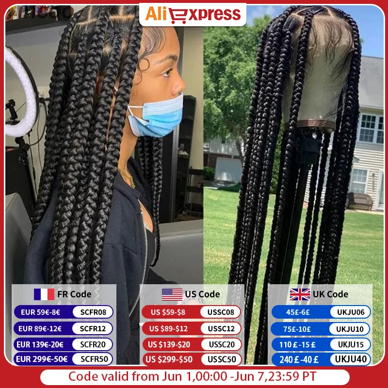 Synthetic Large Box Braided Wigs Jumbo Knotless Full Lace Front Wigs For Black Women Jumbo Tribal Braids Faux Locs Cornrows Wig