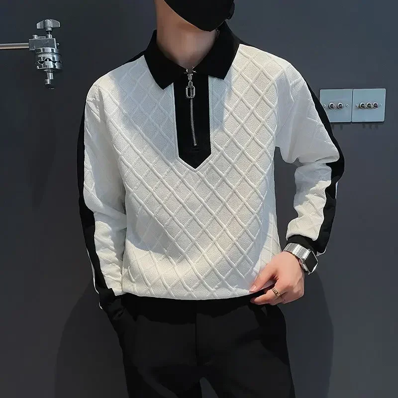 thumbnail image 1 of Camisetas tipo polo para hombre, camisetas a cuadros con empalme, ropa masculina con media cremallera, sudaderas verdes, New Rock, alta calidad, original, coreana, de lujo, 1 of 5