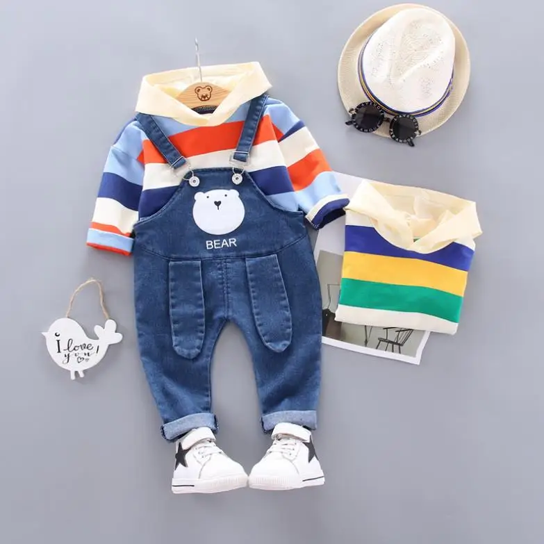 Designer baby Boy Clothes Fashion stripe Long Sleeved T-shirts Tops+Overalls 2pcs Infant clothing outfits kids bebes tracksuits |