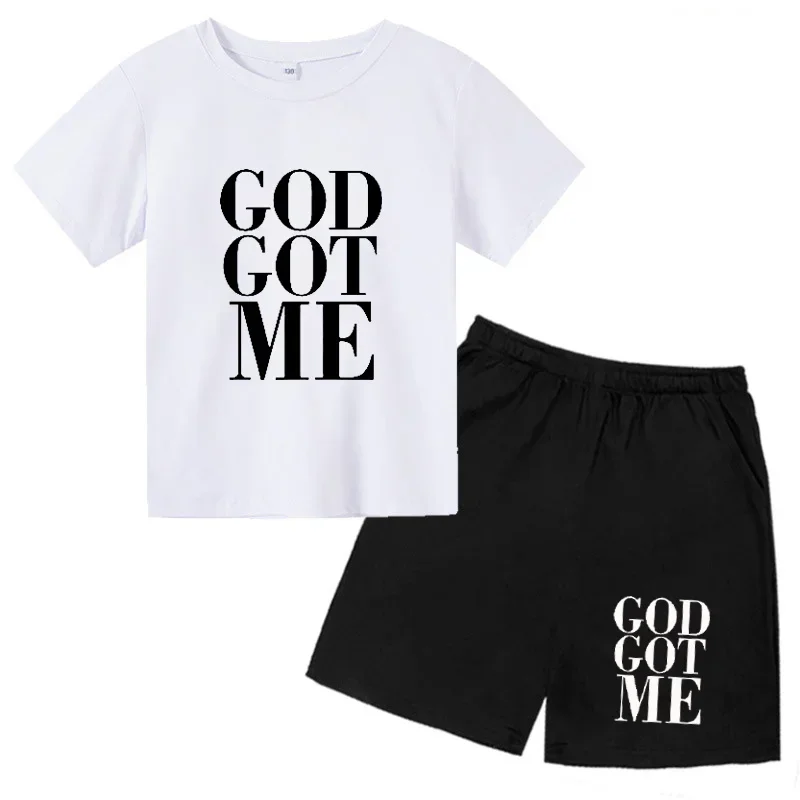 

Round necked GOD GOT ME Printed Children Summer T shirt Suits t-shirt shorts Comfortable 2-13Age Children tee tops shorts Suits
