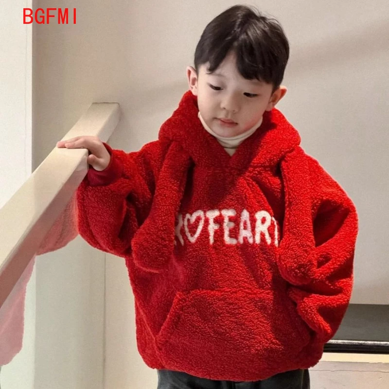 

1-10Y Boy Winter Korean Plaid Kawaii Fashion Red Girl Kid Hoodie Plus Fleece Warm Cute Children's Clothing Lamb Wool Casual Coat
