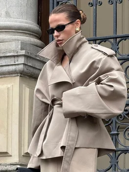 Women Elegant Full Sleeve Lace Up Jacket Loose Fashion Solid Lapel Belt 1