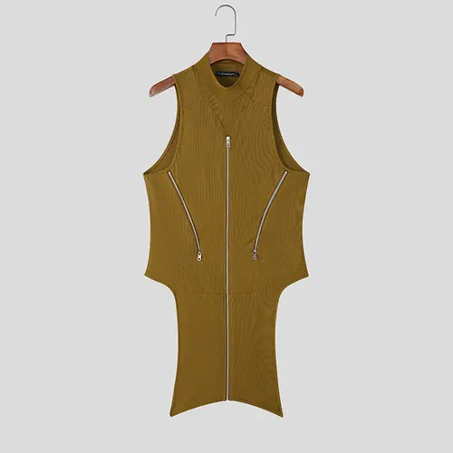 INCERUN Men Irregular Tank Tops Solid Color Knitted Turtleneck Sleeveless Male Vests Streetwear Summer 2026 Zipper Fashion Tops - Image 8