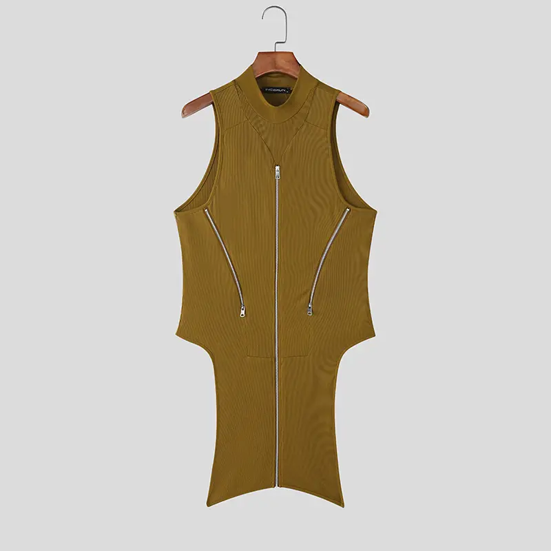INCERUN Men Irregular Tank Tops Solid Color Knitted Turtleneck Sleeveless Male Vests Streetwear Summer 2026 Zipper Fashion Tops - Image 8