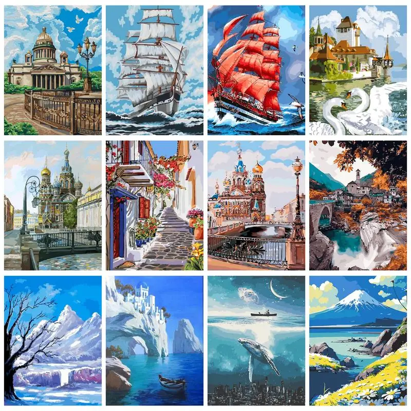 

RUOPOTY Diy Paint By Numbers For Adults Castle Handpainted Acrylic Paint On Canvas Number Painting For Home Decoration With Fra