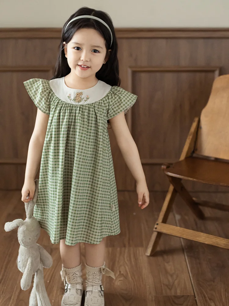 

Qiu Duo Meng Girl Fashion Embroidery Dress2024Summer Children's Casual Plaid Skirt Baby Princess Dress