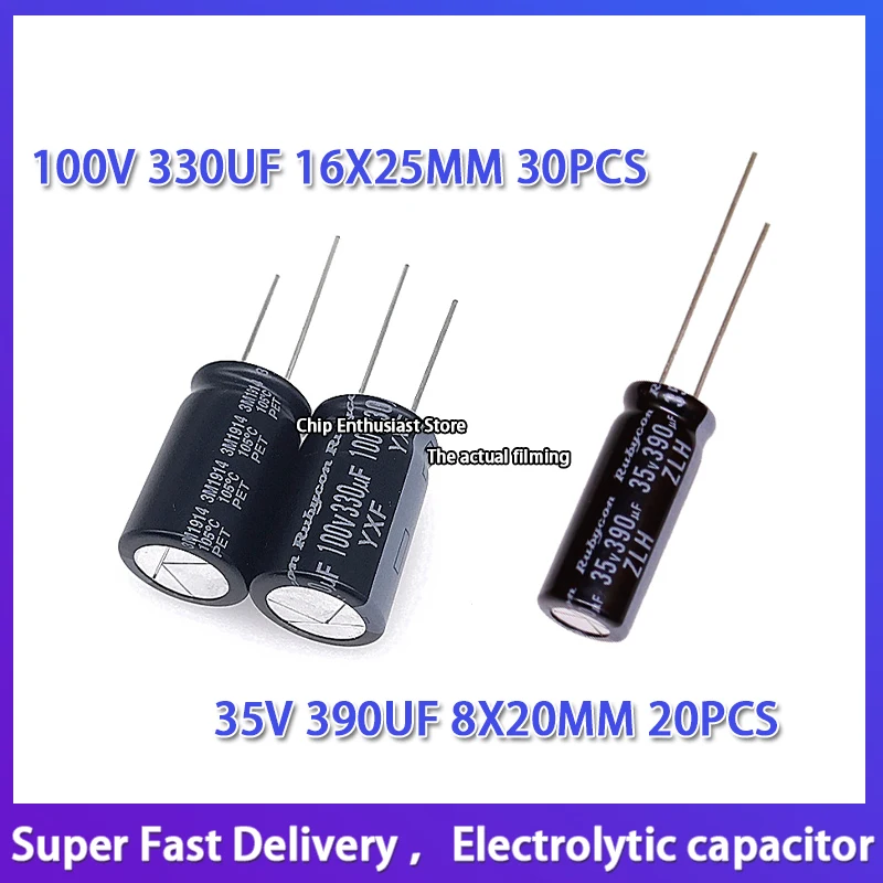 30pcs-100v330uf-16x25mm-20pcs-35v-390uf-8x20mm-electrolytic-capacitor-dip-2-ruby-zlh-high-frequency-long-life-rubycon