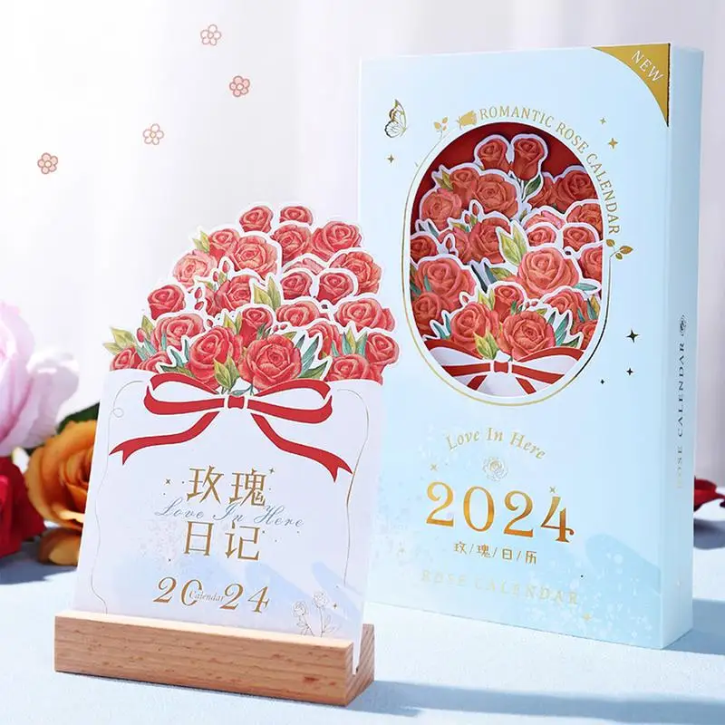 나무 받침대가 있는 2024 책상 달력, 공부방 학교 책상 달력, 꽃 테마, 창의적인 책상 달력