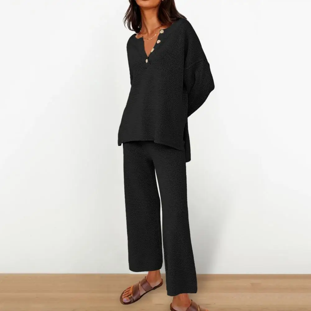 

Women Loose Fit Suit Comfortable Women Suit Women's Knitted Wide Leg Suit with V Neck Top Split Hem Pants Set for Casual