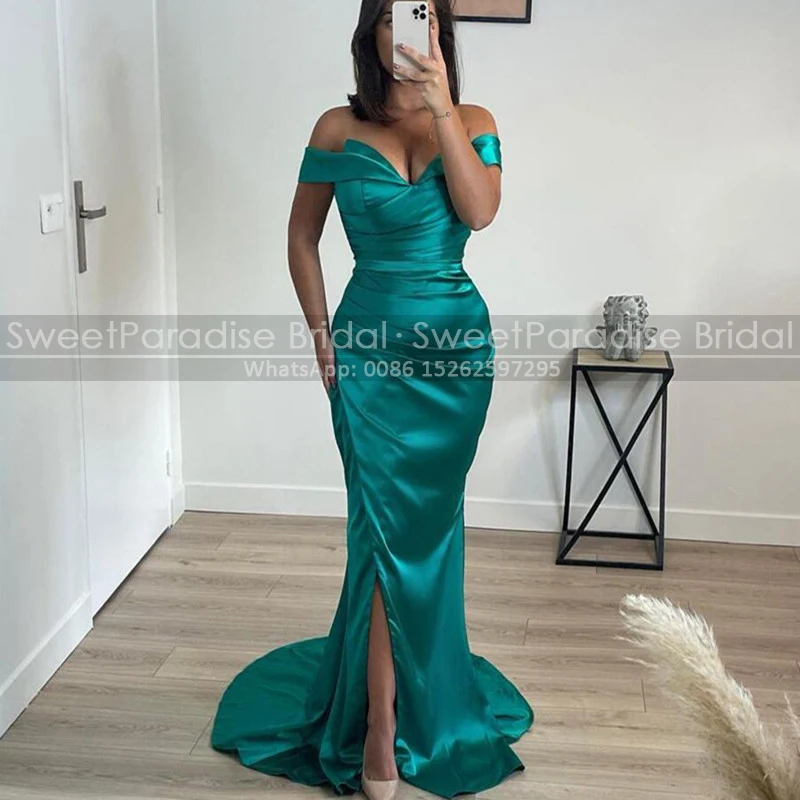 

Side Split Long Bridesmaid Dresses For Women Pleat Mermaid Off Shoulder Sweep Train Sheath Wedding Guest Dress Party Gown